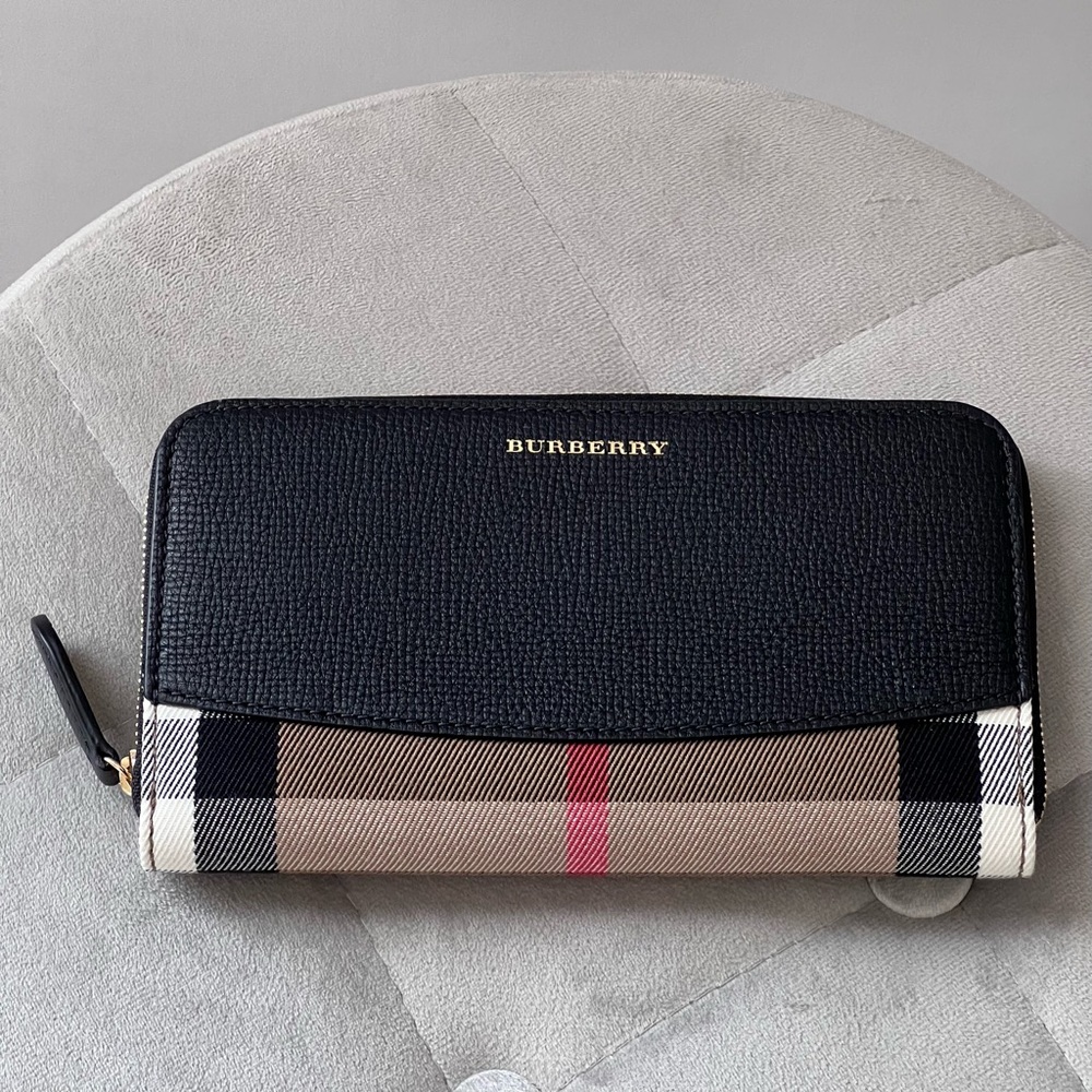 Burberry Check Compact Zip Around Wallet in Black